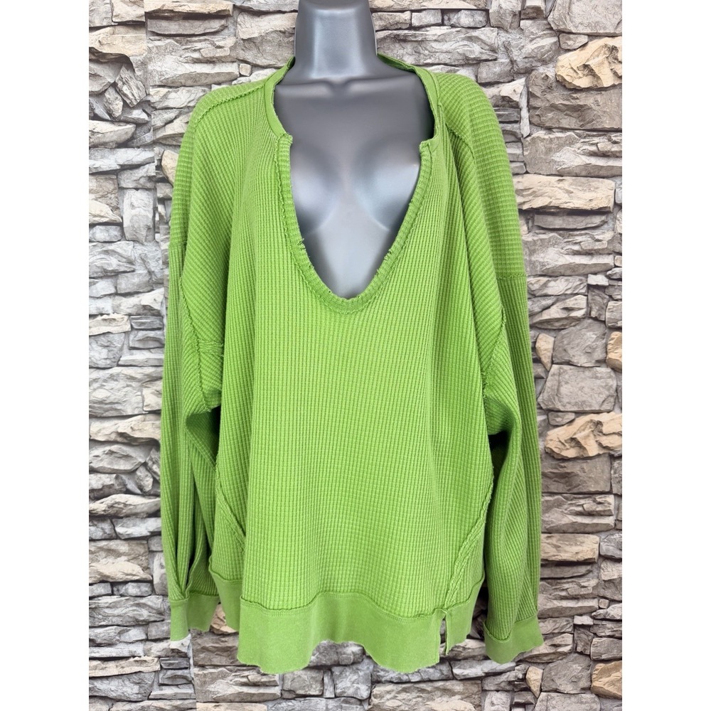 Free People FP One Blake Thermal Green Oversized Waffle Knit Cotton Blouse Sz L